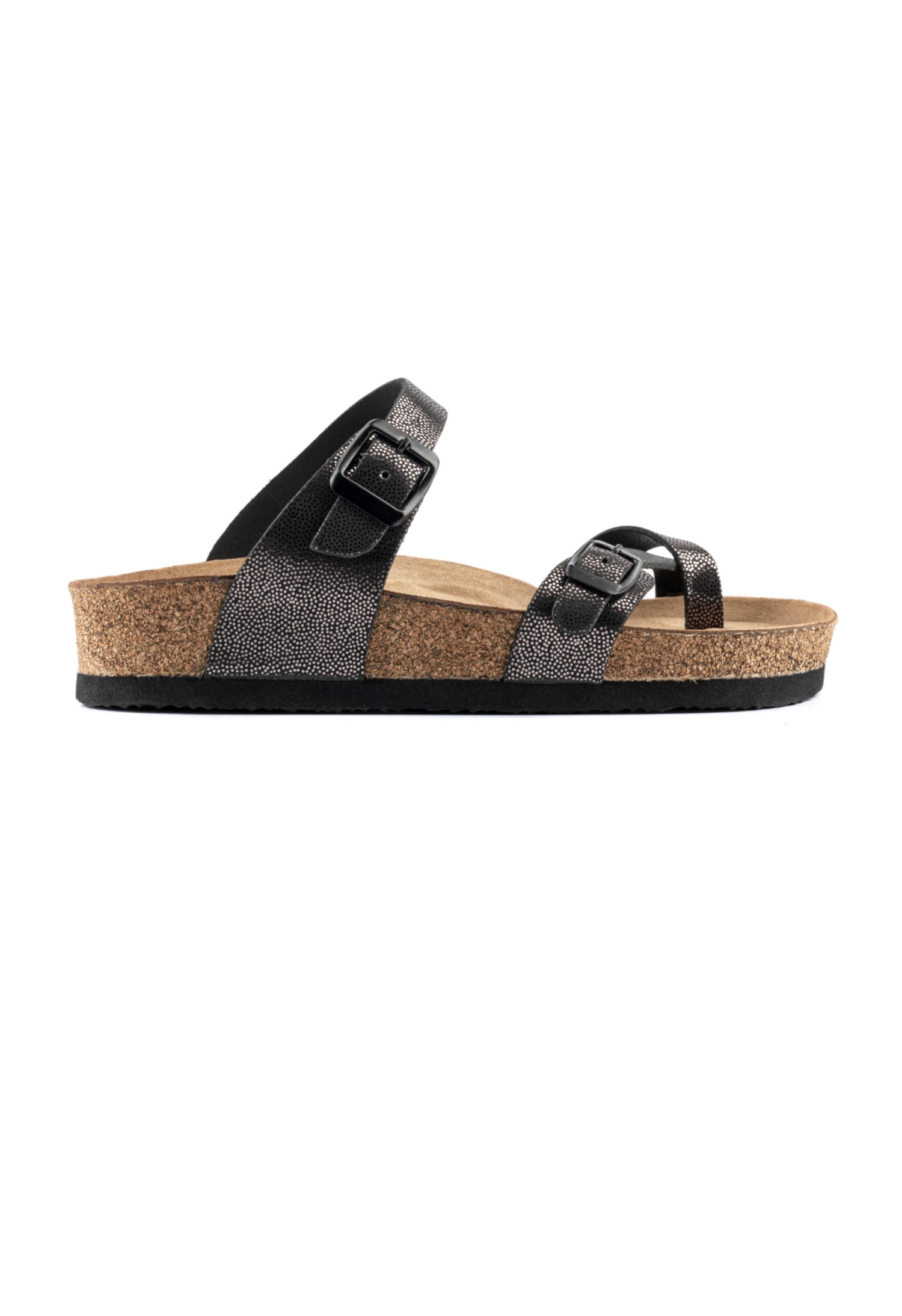 Adriana- Natural Cork- Printed Leather- Silvery Black