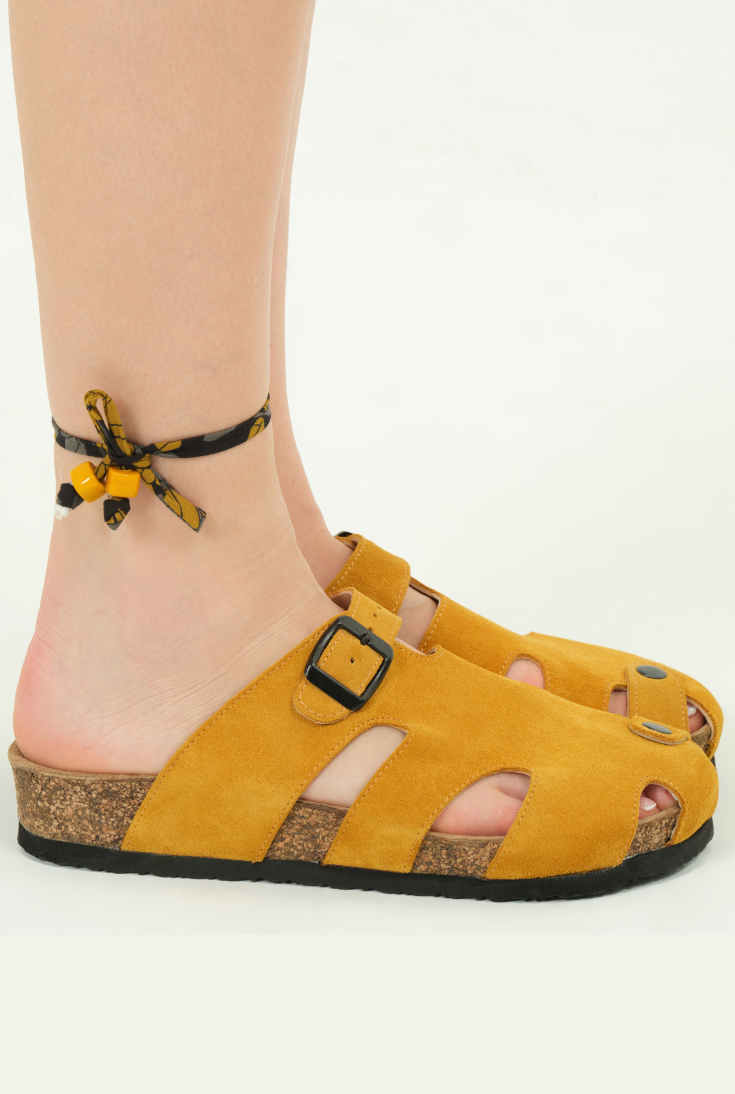 Marta- Natural Cork- Suede Leather- Mustard