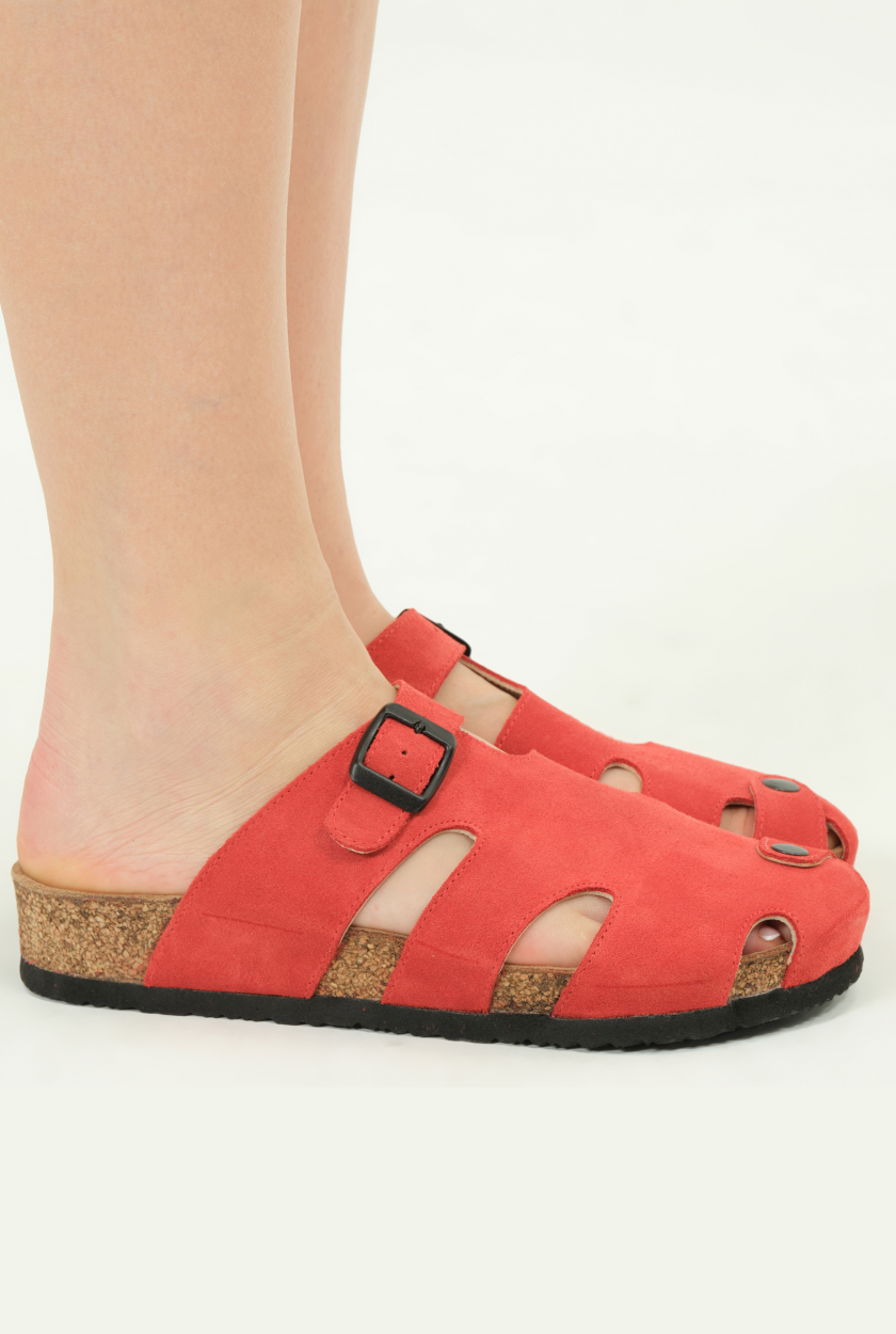 Marta- Natural Cork- Suede Leather- Coral