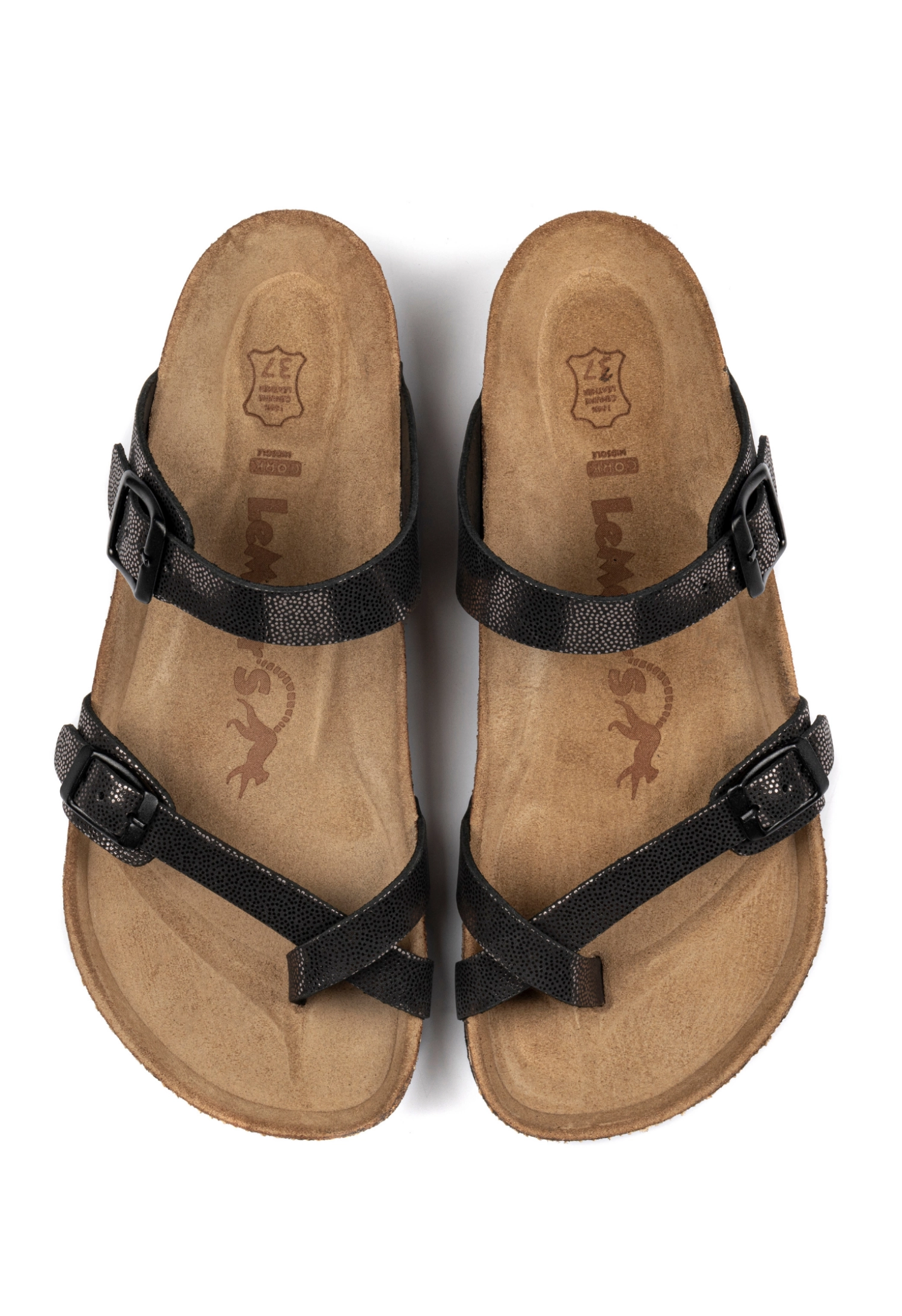 Adriana- Natural Cork- Printed Leather- Silvery Black