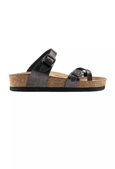 Adriana- Natural Cork- Printed Leather- Silvery Black