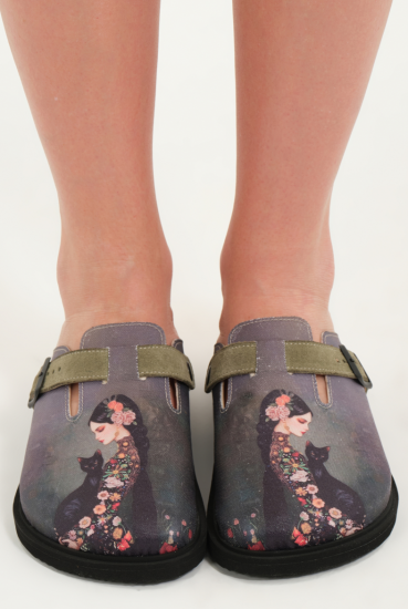 Justine- Natural Cork- Printed Waxed Canvas- Green Black